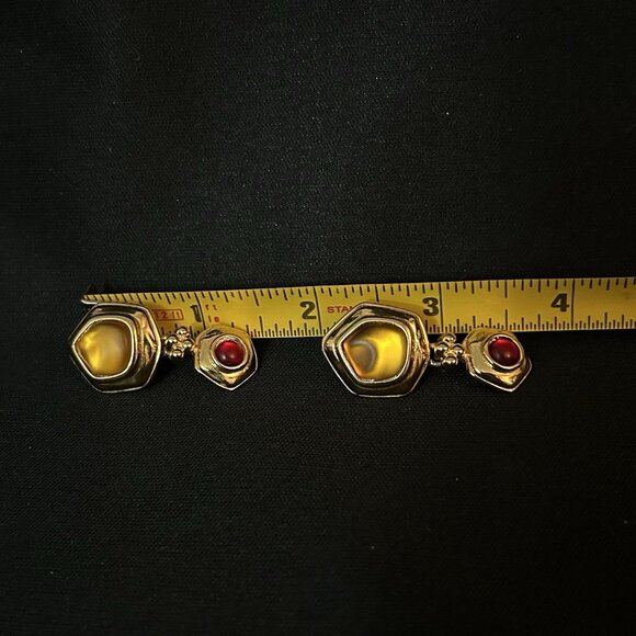 Monet Signed Frosted Amber and Red Glass Cab Gold Tone Drop Dangle Clip Earrings - Picture 8 of 8